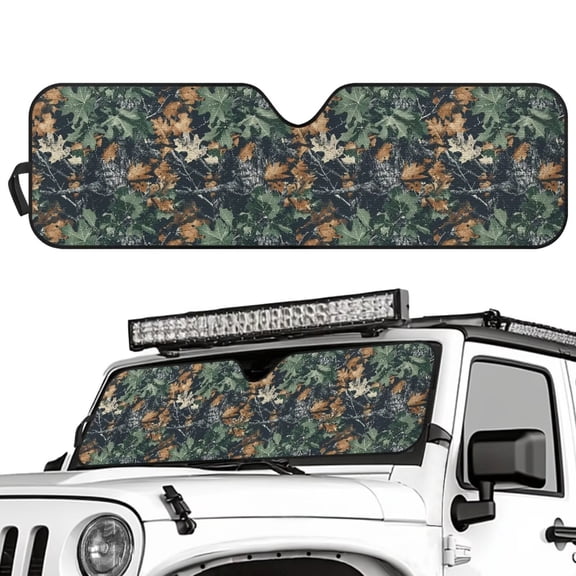 Uorisanigo Windshield Sun Shade for Jeep Wrangler TJ JK JL 2/4 Door,Camo Hunting Forest Front Window Sun Visor Blocks Sunlight Heat UV Rays, Foldable Windshield Sunshade