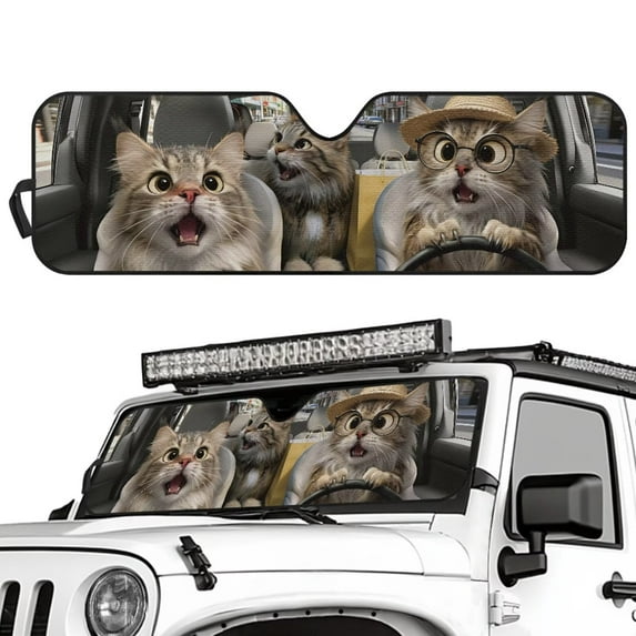 Uorisanigo Windshield Sun Shade for Jeeps, Funny Cat Driving Car Sunshade Compatible with Jeep JK JKU JL JLU 1997-2023, Sun Shade Windshield Cover for Jeep, UV Ray & Heat Block Shades