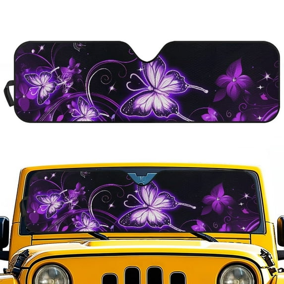 Uorisanigo Windshield Sun Shade, Purple Butterfly Car Sun Shade for 2018-2024 Jeep Wrangler JL JLU & Gladiator JT, Aluminum Foil Auto Sunshade Windshield Cover Keep Vehicle Cool