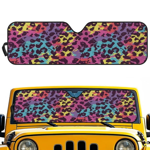 Uorisanigo Windshield Sun Shade for Rubicon Sahara TJ JK JKU 2 Door & 4 Door, Sunshades Heat Shield, UV Rays Blocker Sun Visor Shade Keep Vehicle Cool, Colorful Cheetah Leopard Print