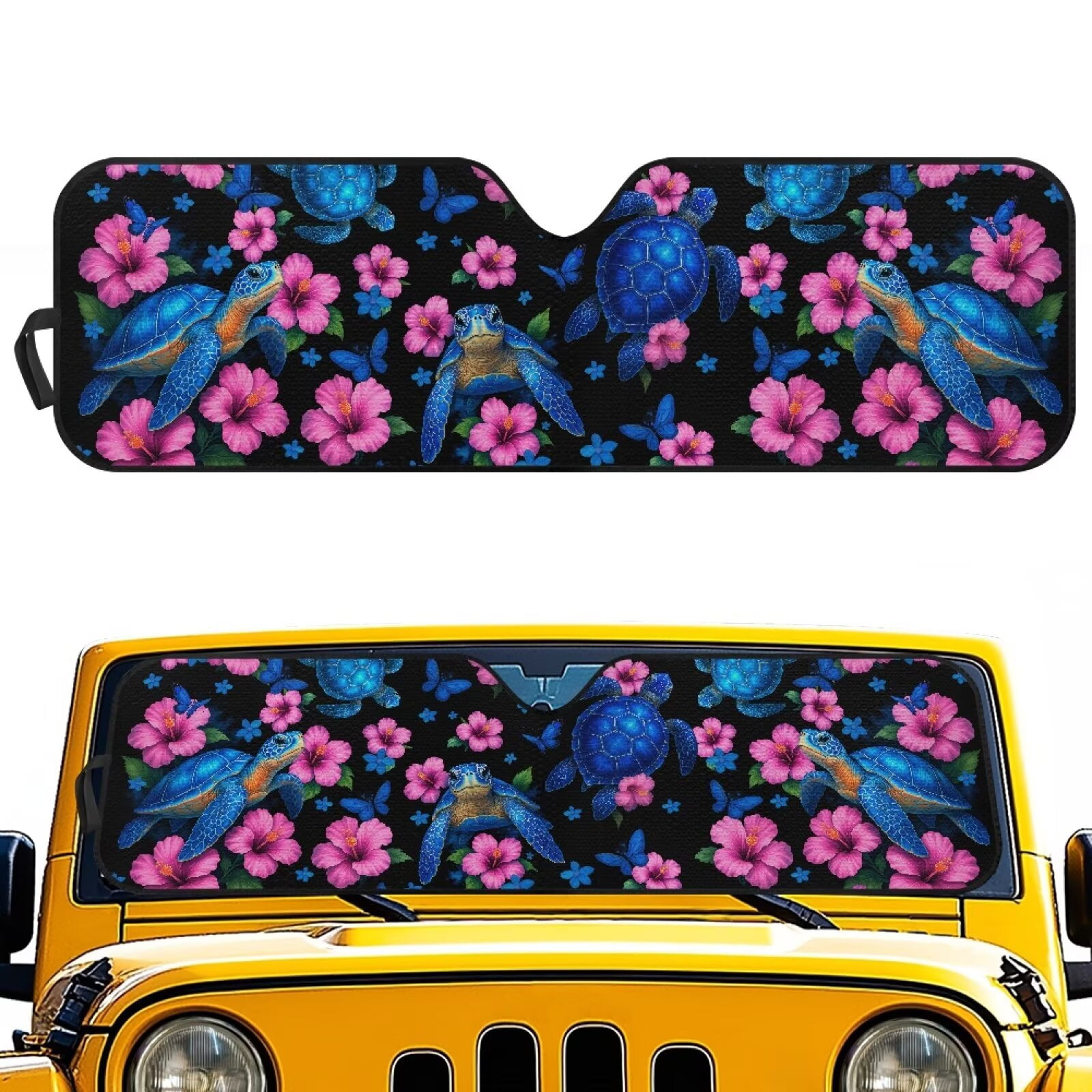 Uorisanigo Windshield Sun Shade, Shade Heat Shield, 52.95 in *16.14 in, Compatible with Jeep Wrangler, Compass, Gladiator & Renegade,UV Blackout Boho Floral Turtle Shades,1Pc