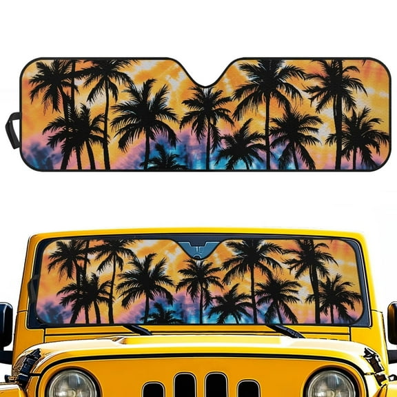 Uorisanigo Windshield Sun Shade Suitable for 2024 2025 Jeep Wrangler JL 2/4 Door, Reflective Summer Coconut Tree Front Window Sunshade Blocks UV Rays Foldable Sun Visor with Storage Pouch