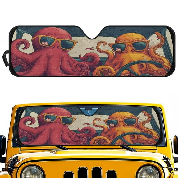 Uorisanigo Windshield Sun Shade Suitable for Jeep Wrangler JK JKU JL JLU 1997-2023 & Jeep Gladiator JT 2020-2023 16.5"x52.5" Funny Octopus Driving Front Window Sun Shade for Car Accessories