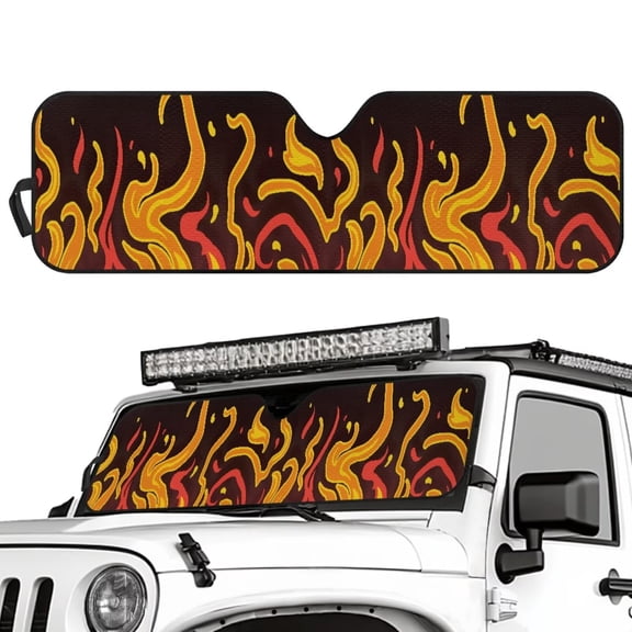 Uorisanigo Windshield Sun Shade Sunshade Cartoon Fire Print Car Sun Visor Mat Compatible with Rubicon Sahara TJ JK JKU 2 & 4 Door Heat Shield Front Window Sunshade Block UV Keep Cool
