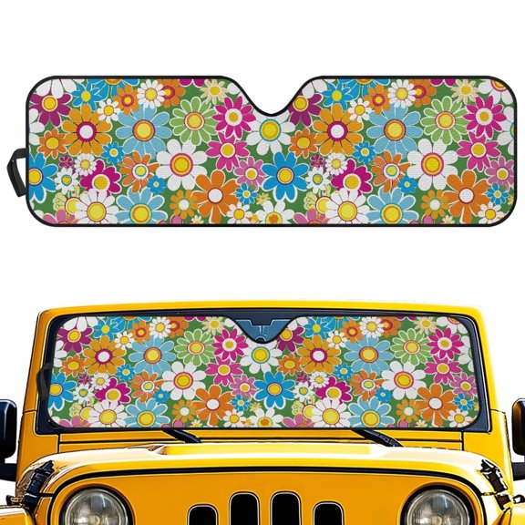 Uorisanigo Windshield Sun Shade Sunshade for Jeep JK JKU JL JLU 1997-2023 and Compatible with Gladiator JT 2020-2023 Colorful Hippie Flowers Heat Shield Car Sun Visor Mat Blocks UV Rays