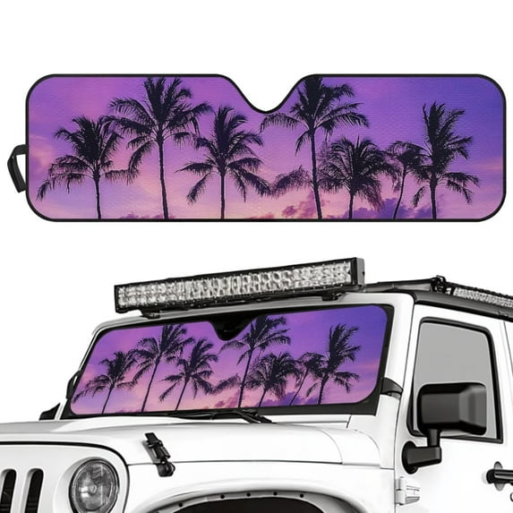 Uorisanigo Windshield Sun Shade UV Rays & Heat Protection Accessories for Jeep, Foldable Purple Sunset Palm Tree Windshield Shade for Jeep Wrangler, Gladiator, Renegade, FJ Cruiser