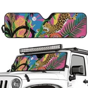 Uorisanigo Windshield Sun Shade, Windshield Cover Sunshades for Jeep Wrangler, Reflective Tropical Leopard Print Sunshade for Auto Interior Sun Protection, Car Accessories Keeps Your Vehicle Cool
