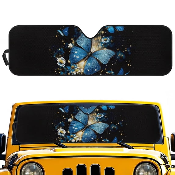 Uorisanigo Windshield Sun Shade for Wrangler, Compass, Gladiator & Renegade-Blocks UV Rays Blue Butterfly Sun Visor Protector,Car Sunshade Keep Your Vehicle Cool - 52.95 x 16.14 inches