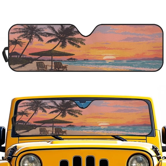 Uorisanigo Windshield Sun Shade for Wrangler TJ JK Beach Palm Trees Hawaiian Windshield Sunshade Sun Visor Cover for Jeep Wrangler TJ JK JKU 1996-2018 Heat Shield Accessories
