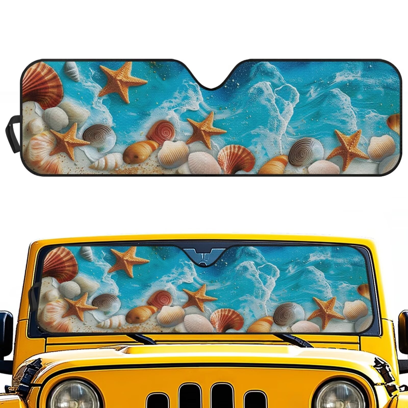 Uorisanigo Windshield Sun Shade for2007-2023 Wrangler Rubicon Sahara TJ JK JKU 2 & 4 Door, Beach Shells Starfish Front Window Sun Visor Blocks UV Rays Foldable Sunshade