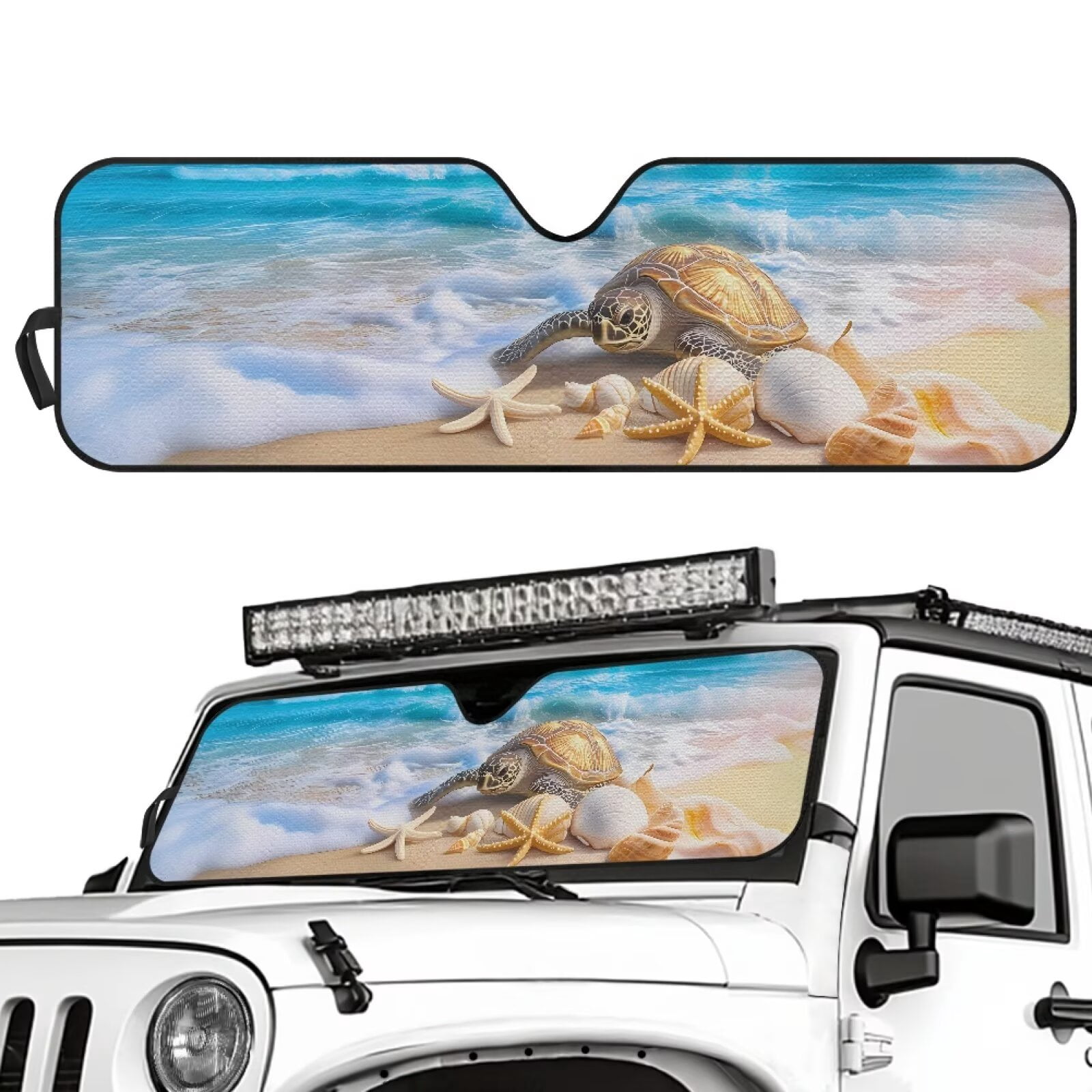 Uorisanigo Windshield Sunshade Beach Starfish Turtle Front Window Sun Shade Fit for Jeep Wrangler JL/JLU 2018-2024 & Jeep Gladiator JT 2020-2024 Foldable Sun Visor, Blocks UV Rays