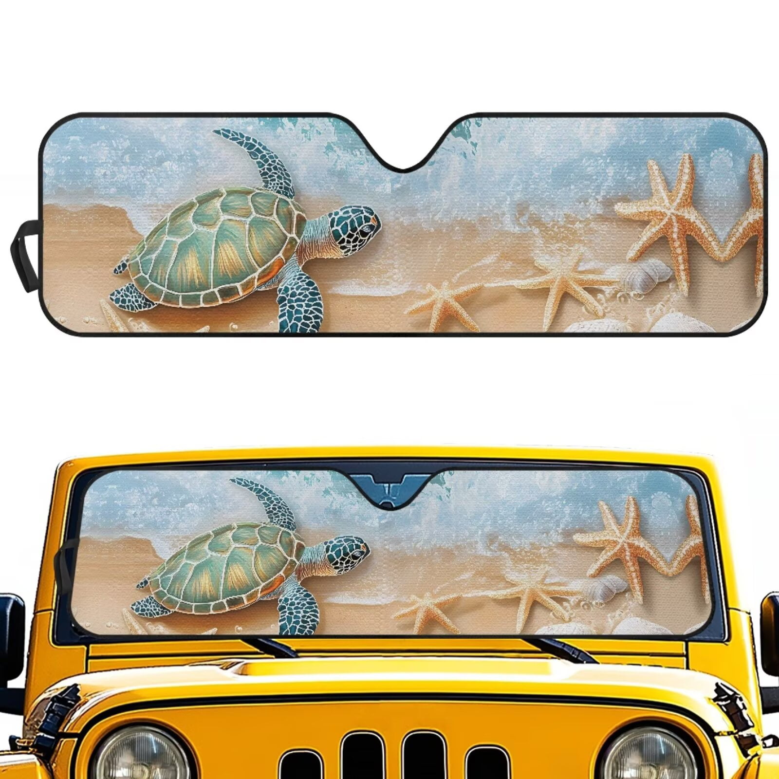 Uorisanigo Windshield Sunshade, Blocks UV Rays Beach Turtle Starfish Sun Visor Shield, Compatible with Rubicon Sahara TJ JK JKU 2 & 4 Door, Accessories for Jeep Wrangler - 52.95x16.14 inches