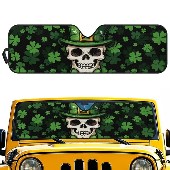 Uorisanigo Windshield Sunshade Car Sun Shade Heat Shield Foldable Skull Four-Leaf Clover Sunshade for Compatible with Jeep Wrangler JK JKU JL JLU 1997-2023 & Jeep Gladiator JT 2020-2023
