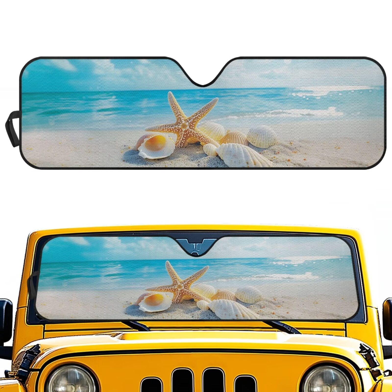 Uorisanigo Windshield Sunshade Car Sun Shade Heat Shield Sunshade Sun Visor Compatible with 2007-2024 Wrangler Rubicon Sahara TJ JK JKU 2 & 4 Door Beach Starfish for Outdoor Camping