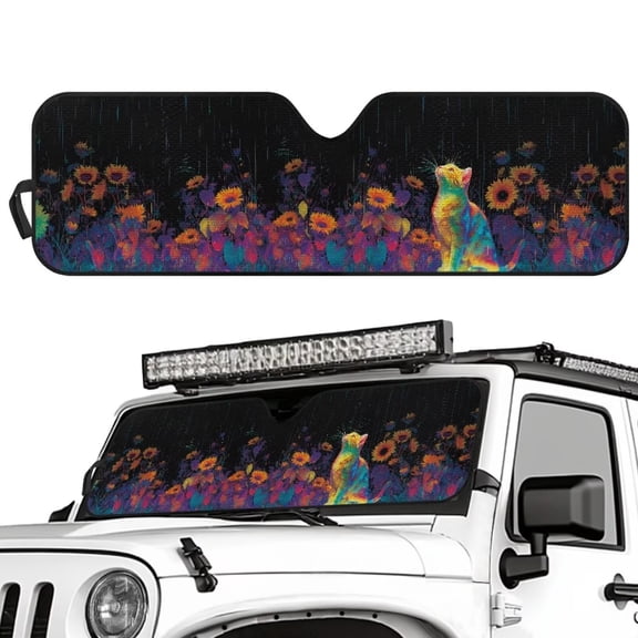 Uorisanigo Windshield Sunshade Colorful Cat Floral Front Window Sun Shade for Jeep JK JKU JL JLU 1997-2023 and JT 2020-2023, Windshield Cover Foldable Sun Visor Prevent Dashboard Fades and Cracks
