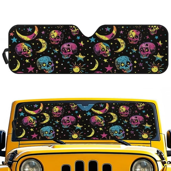 Uorisanigo Windshield Sunshade Front Window Sun Shade for Jeep Wrangler TJ JK JKU 1997-2018, Foldable Colorful Skull Moon Star Sun Visor for Jeep Gladiator JT 2020-2025 JL (52.95" X 16.14")