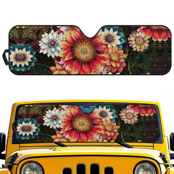Uorisanigo Windshield Sunshade Mandala Lotus Print Sun Shade Compatible with Jeep Wrangler JL JLU 2018-2025 & Jeep Gladiator(JT) 2020-2025, Foldable Heat Shield Sun Visor Mat