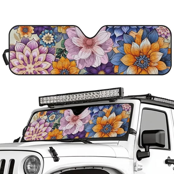 Uorisanigo Windshield Sunshade Sun Shade for 2018-2024 2025 Jeep Wrangler JL / 2020-2024 Jeep Gladiator JT Camping Print Heat Shield Car SunVisor Mat, Blocks Sun Rays Heat