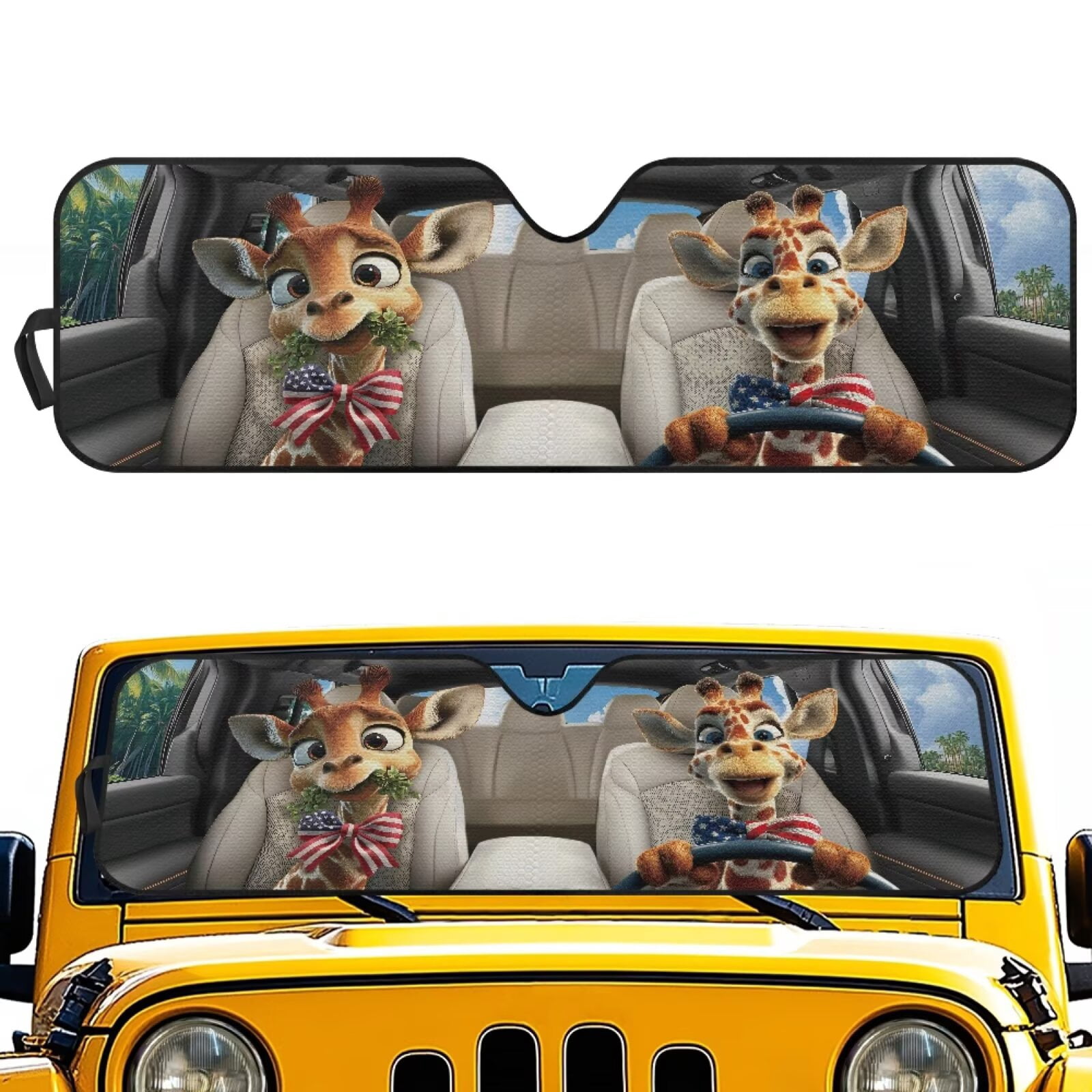 Uorisanigo Windshield Sunshade Sun Shade American Flag Giraffe Driving Heat Shield Compatible with Jeep Wrangler JK JKU JL JLU1997-2024, Sun Visor Mat Protection for Car Interior