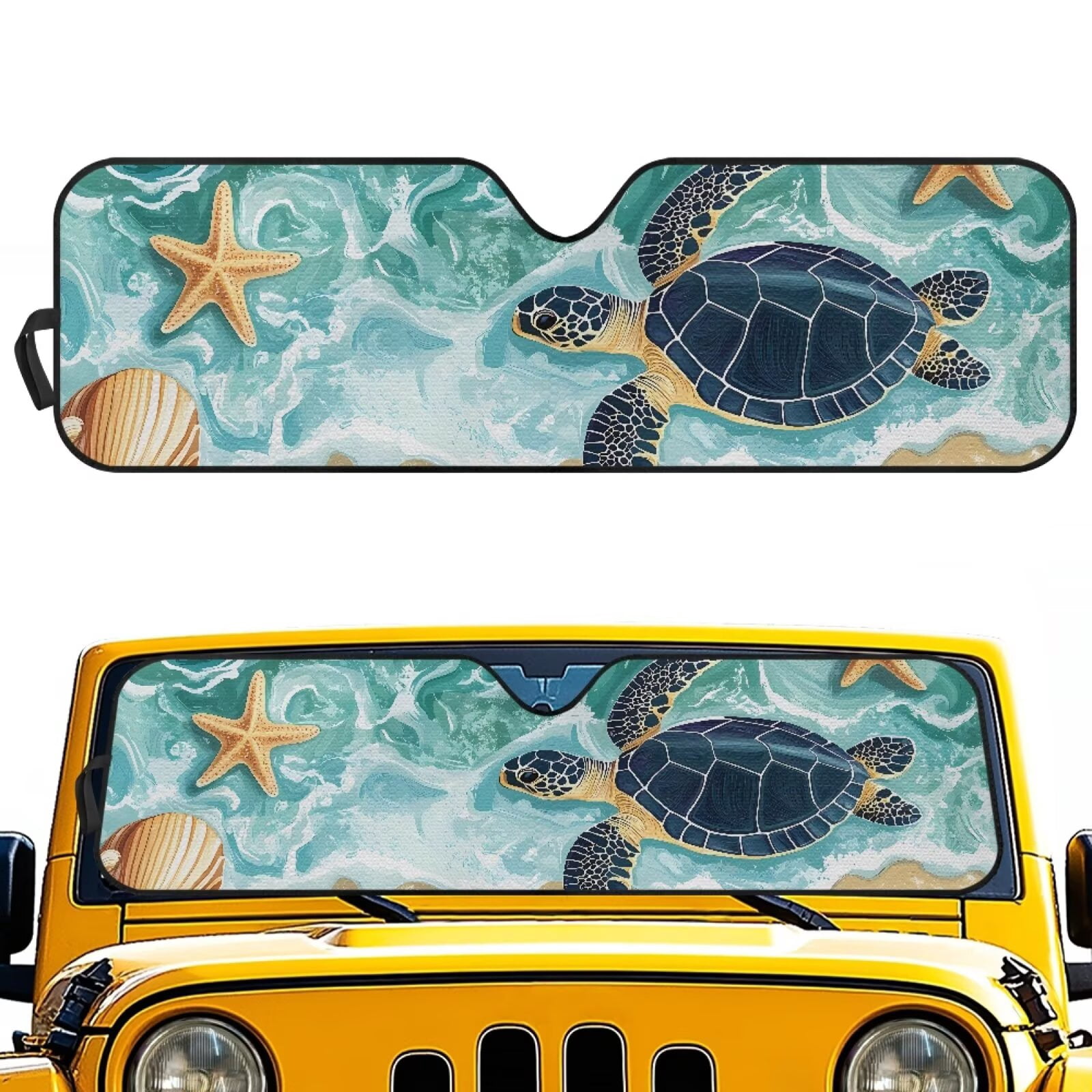 Uorisanigo Windshield Sunshade Sun Shade Car Sun Visor Mat Heat Shield for Jeep Wrangler JL JLU 2018-2024 Rubicon Sahara 2 Door & 4 Door & Gladiator JT, 1pc (Beach Turtle Starfish)