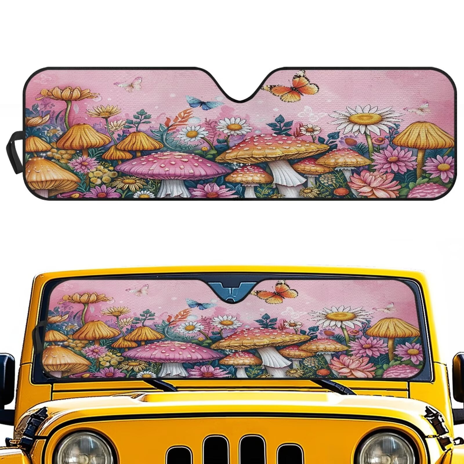 Uorisanigo Windshield Sunshade Sun Shade Heat Shield Folding Pink Mushroom Butterfly Sun Visor Mat Compatible with Jeep Wrangler TJ JK JKU 1996-2018 Interior Accessories for Jeep