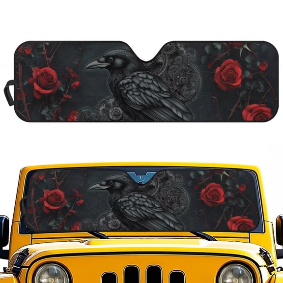 Uorisanigo Windshield Sunshade Sun Shade Heat Shield Rose Raven Black Sun Visor Mat Compatible with Jeep Wrangler JL JLU 2018-2025 / Jeep Gladiator 2020-2025, Block UV Rays and Heat