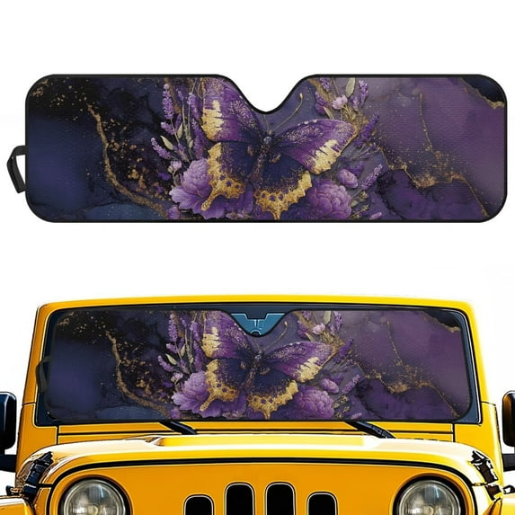 Uorisanigo Windshield Sunshade Sun Shade Heat Shield Sun Visor Mat Compatible with Wrangler JK JKU TJ 1997-2018 Folding Purple Butterfly Marble Windshield Cover Block UV Rays and Heat