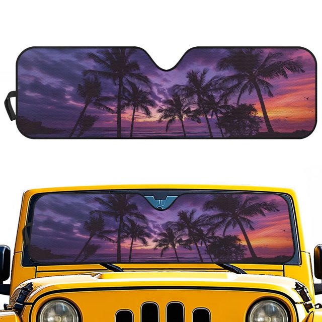 Uorisanigo Windshield Sunshade, Sun Visor for UV Rays & Heat Protection, Palm Trees Sunset Purple Windshield Sunshade for Wrangler TJ JK JL1997-2024, Accessories for Jeep Wrangler
