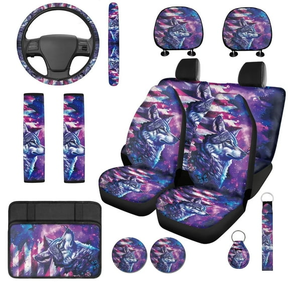 Uorisanigo Wolf US Flag 14 Pieces Car Seat Covers Full Set with Auto Steering Wheel Cover and Cars Headrest Cover Cars Console Cover and Seat Belt Pads Comfortable Fashion Soft Fit Car SUV