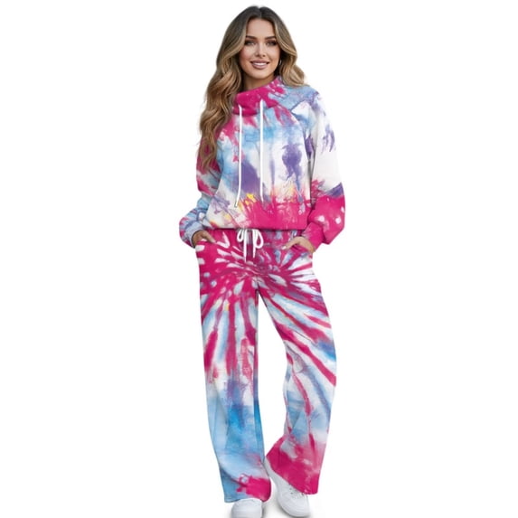 Uorisanigo Women Fall 2 Piece Outfits Sweatsuits Long Sleeve Sweatshirt Wide Leg Pants Mock Neck Tracksuit Rose Pink Tie Dye Lounge Sets Oversized Sportswear Plus Size Jogger Set for Teen Girls