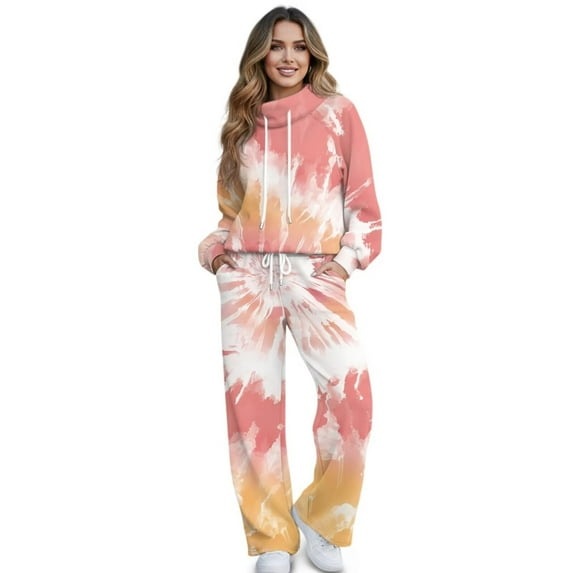 Uorisanigo Women's 2 Piece Outfits Fall Drawstring Pullover Sweatsuits Oversized Hoodies Wide Leg Sweatpants Tracksuits Matching Sets Mock Neck Jogging Suit Lounge Sets, Pink Yellow Tie Dye