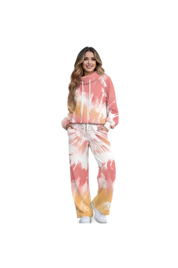 Women's 2 Piece Outfits Fall Drawstring Pullover Sweatsuits Oversized Hoodies Wide Leg Sweatpants Tracksuits Matching Sets Mock Neck Jogging Suit Lounge Sets, Pink Yellow Tie Dye