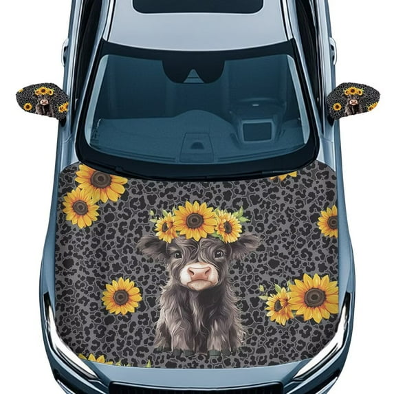 Uorisanigo Yak Sunflower Leopard Print Car Hood Cover Protector and Car Mirror Cover Accessories 3-Pack Removable Vehicles Decorate Universal Fit Most Sedans Cars