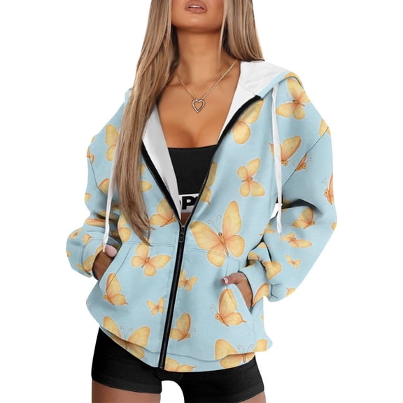 Uorisanigo Yellow Butterfly Womens Fall Hooded Sweatshirts Size 2XL Soft Oversized Pocket Drop Shoulder Sweatshirt Comfortable Slight Stretch Comfy Gym Tops