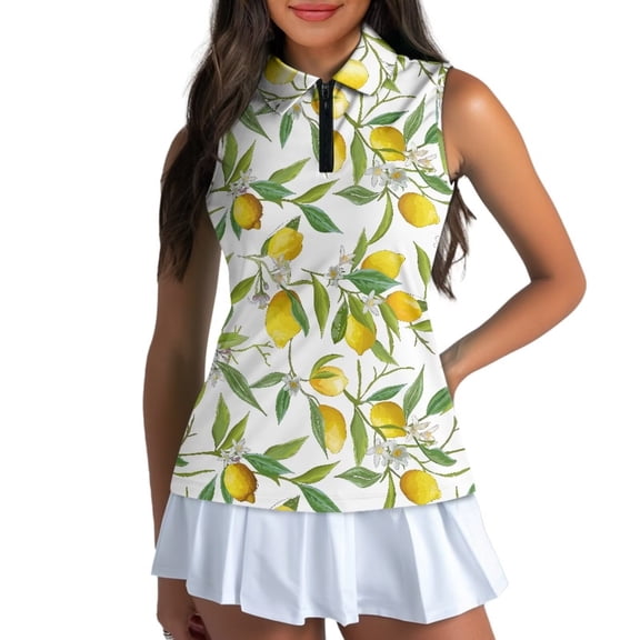 Uorisanigo Yellow Lemon Womens Golf Shirt Soft Polyester Spandex Fabric Womens Golf Shirt Sleeveless Zip Up Shirts Quick Dry Outing Wear Size L