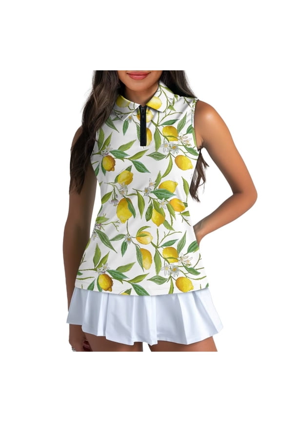 Yellow Lemon Womens Golf Shirt Soft Polyester Spandex Fabric Womens Golf Shirt Sleeveless Zip Up Shirts Quick Dry Outing Wear Size XS