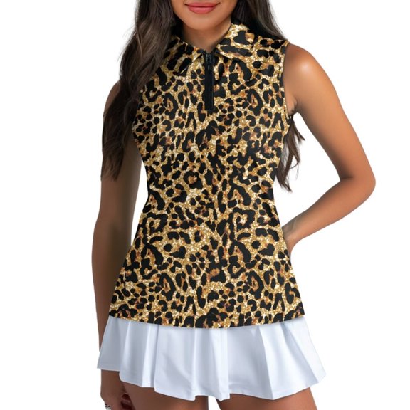 Uorisanigo Yellow Leopard Print Women's Golf Sleeveless Shirt Size L Comfortable Versatile Athletic Polo Workout Tops Quick Dry Soft Quarter Zip Pullover