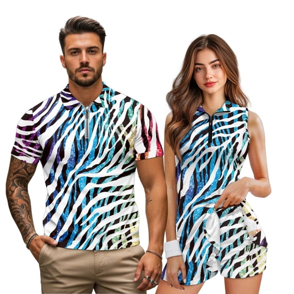 Uorisanigo Zebra Print Couple Matching Outfit Golf Shirts for Men Short Sleeve Summer Sports Tops and Womens Golf Dress with Shorts and Pockets Pockets Tennis Workout Dresses