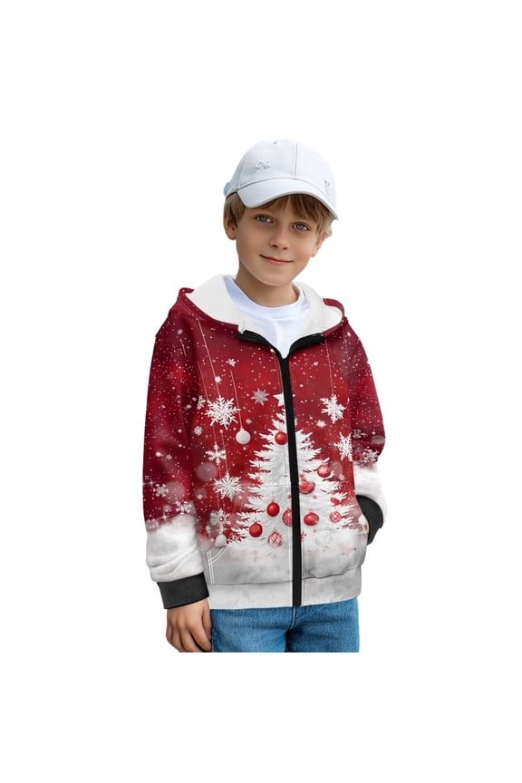 Zip Up Hoodie Boys Girls Snowy Christmas Tree Jacket Pullover Tops Winter Long Sleeve Hooded Sweatshirt Kids Casual Coat Fall Outfits Trendy Clothes