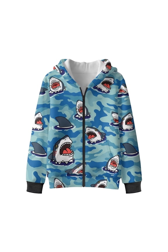 Zip Up Hoodie Soft Long Sleeve Sweatshirt Blue Camouflage Shark Jacket Leisure Hooded Coat for Boys and Girls Oversized Outwear Jackets Fall Winter Clothes