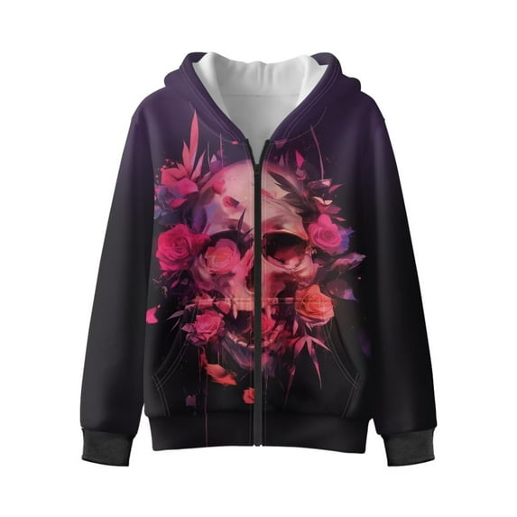 Uorisanigo Zip Up Hoodies Long Sleeve Hooded Jacket Oversized Skull Pink Rose Sweatshirt with Pockets Youth Back to School Hoodies Kids Sweatshirt Spring Fall Outwear
