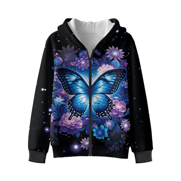 Uorisanigo Zip Up Hoodies Sweatshirt for Children Soft Lightweight Blue Butterfly Floral Hooded Sweatshirts Jacket with Pockets Spring Autumn Fashion Clothes