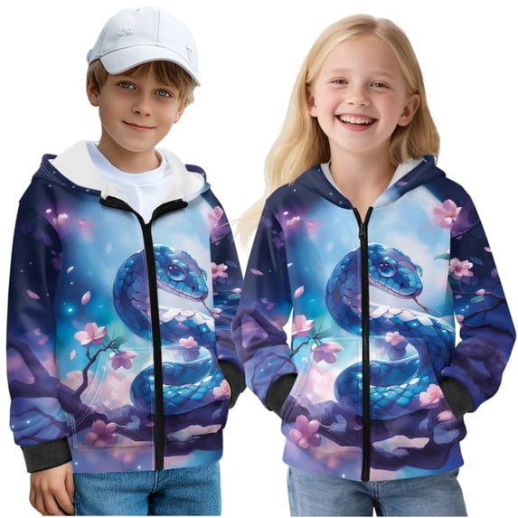 Uorisanigo Zip-Up Hooded Sweatshirt Hoodie for Boys and Girls Long Sleeve Cherry Blossom Snake Shirts Pullover Tops School Party Vacation Fall Winter Clothes