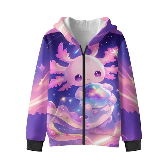 Uorisanigo Zip-Up Hooded Sweatshirt Hoodie for Boys and Girls Purple Starry Axolotl Long Sleeve Shirts Velvet Lined Pullover Tops School Party Vacation Fall Winter Clothes