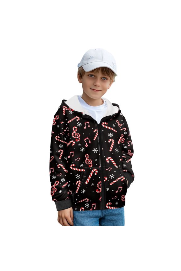 Zip-Up Hoodie for Kids Casual Musical Candy Cane Sweatshirt Jacket Full Zip Hooded Sweatshirts Lightweight Athletic Tops Long Sleeve Hooded Coat Fall Winter Clothes