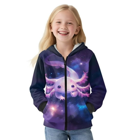 Uorisanigo Zip-Up Hoodie for Kids Casual Sweatshirt Jacket Fuzzy Fur Athletic Sweatshirts Purple Galaxy Axolotl Long Sleeve Hooded Coat Fashion Winter Outwear Fall Coat Outfit
