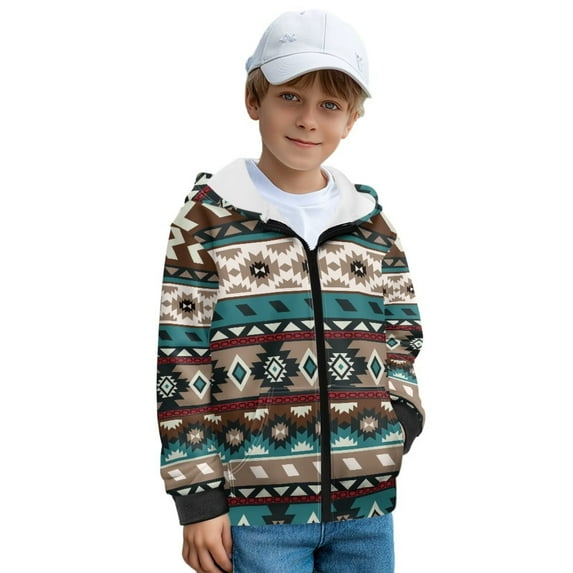 Uorisanigo Zip-Up Hoodies Sweatshirts Fashion Long Sleeve Hooded Jacket Fur Furry Fluffy Coat Sweatshirt with Pockets Fall Winter Clothing(Ethnic Geometric Aztec Tribal)