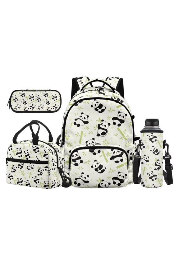 Cute Panda Floral Backpack Set for Middle School Boys, 4-Piece Large Capacity School Bag with Lunch Box, Water Bottle Holder and Pencil Box, Adjustable Shoulder Straps
