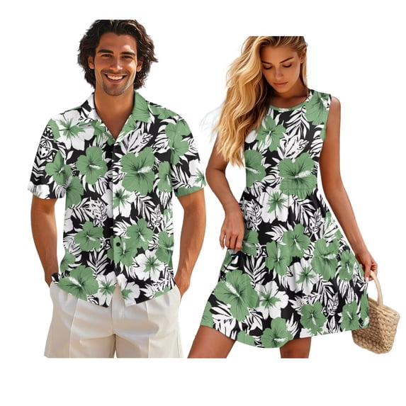 Uorisanigo Green Hibiscus Couples' Outfits Husban and Wife Clothing Men's Short Sleeve Shirt Size XL Summer Hawaiian Tops and Women's Tank Dress Flowy A-Line Beach Party Sundress