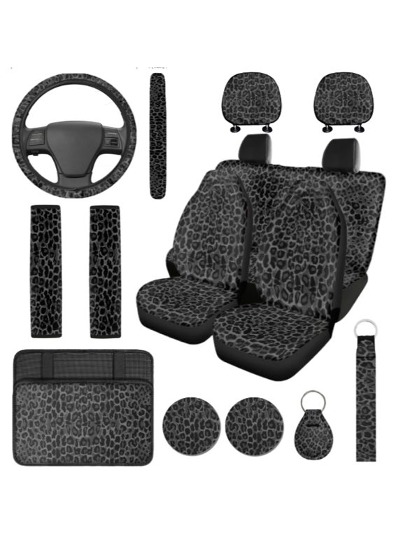 15 Pcs Dark Gray Leopard Print Car Seat Cover Set, Stylish Wear Resistant Car Interior Accessory Kit, Suitable for Vans Truck Vehicles